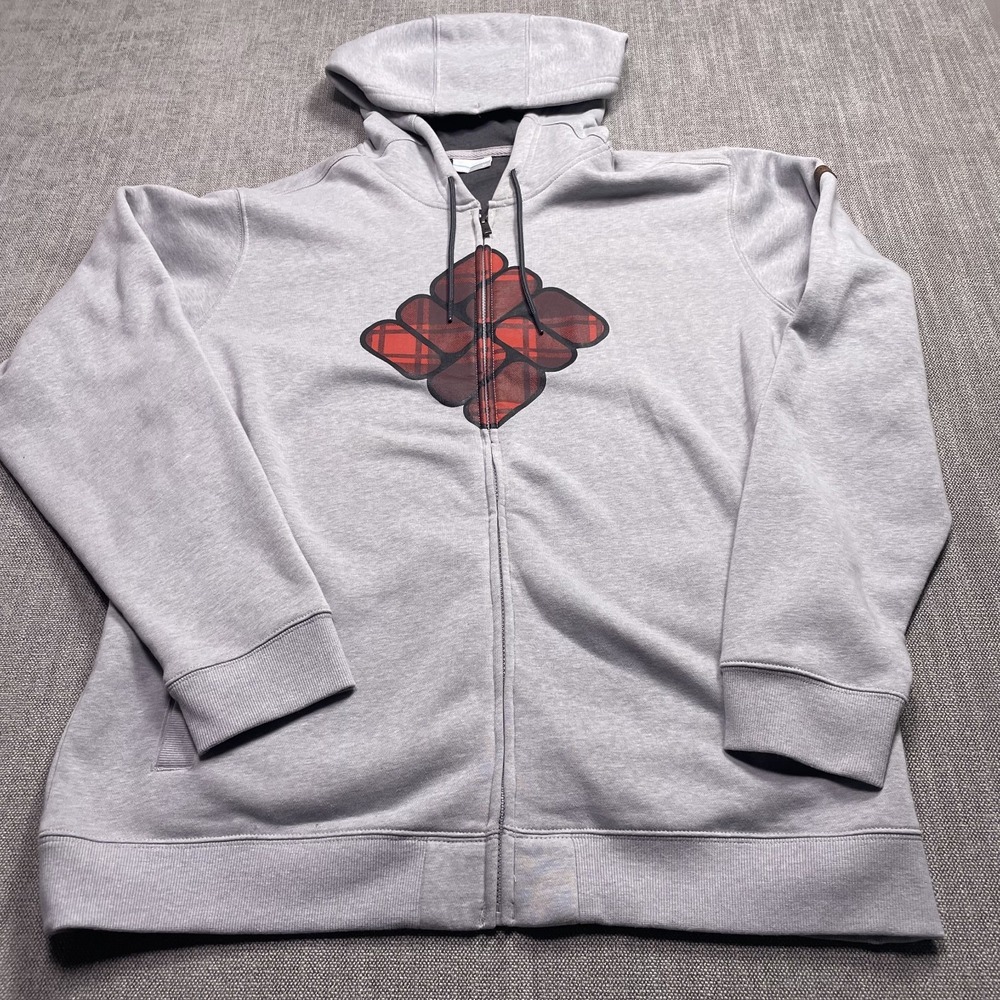 Columbia Hoodie Mens XL Gray Fleece Graphic Plaid Logo Full Zip Hooded Jacket